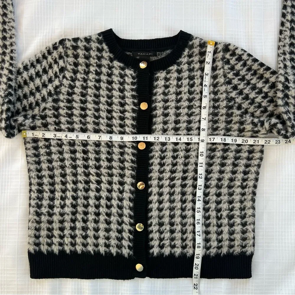 Tahari Women's Black White Soft Fuzzy Eyelash Houndstooth Cardigan Sweater Large - Picture 8 of 11